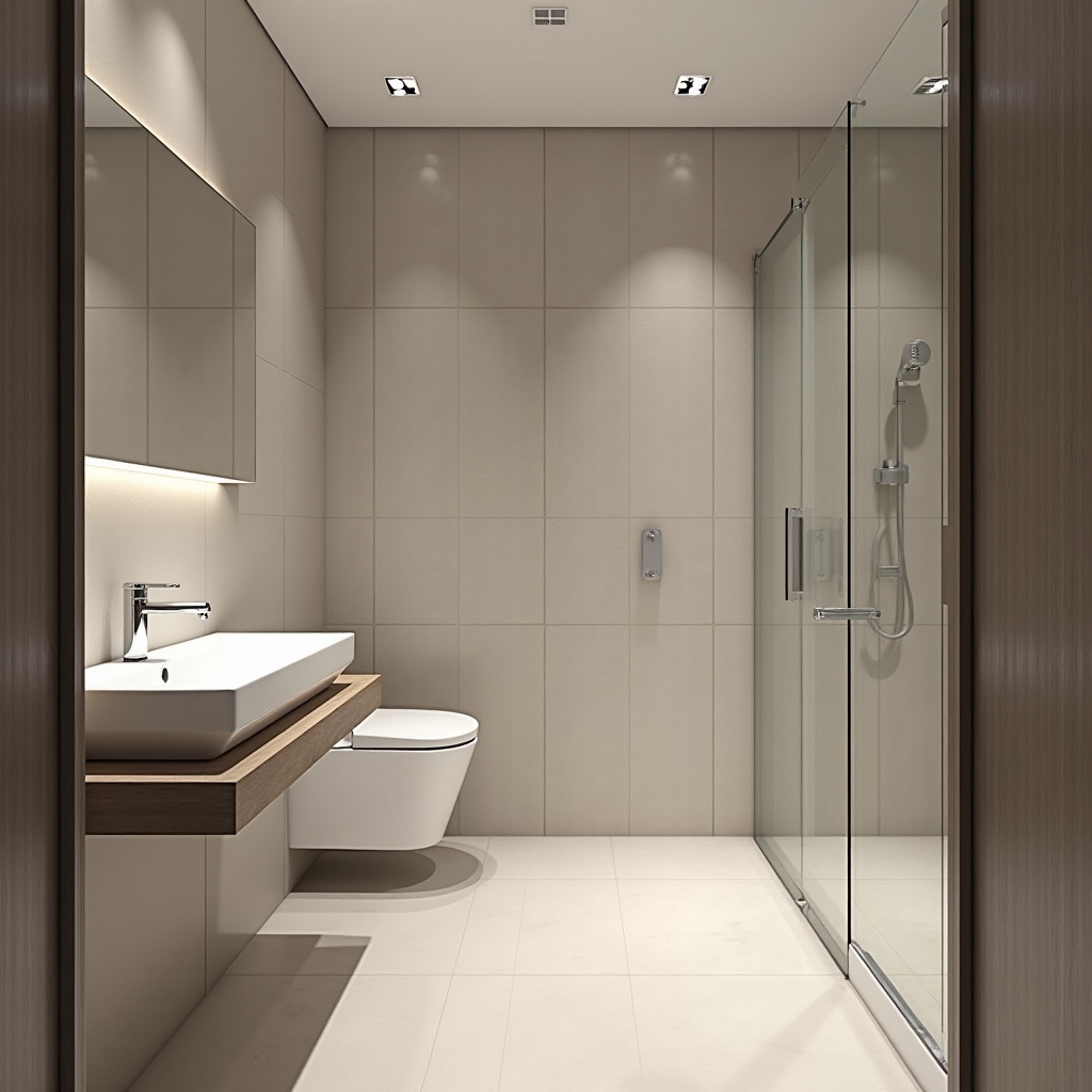Baie mică după renovare cu plăci mari moderne