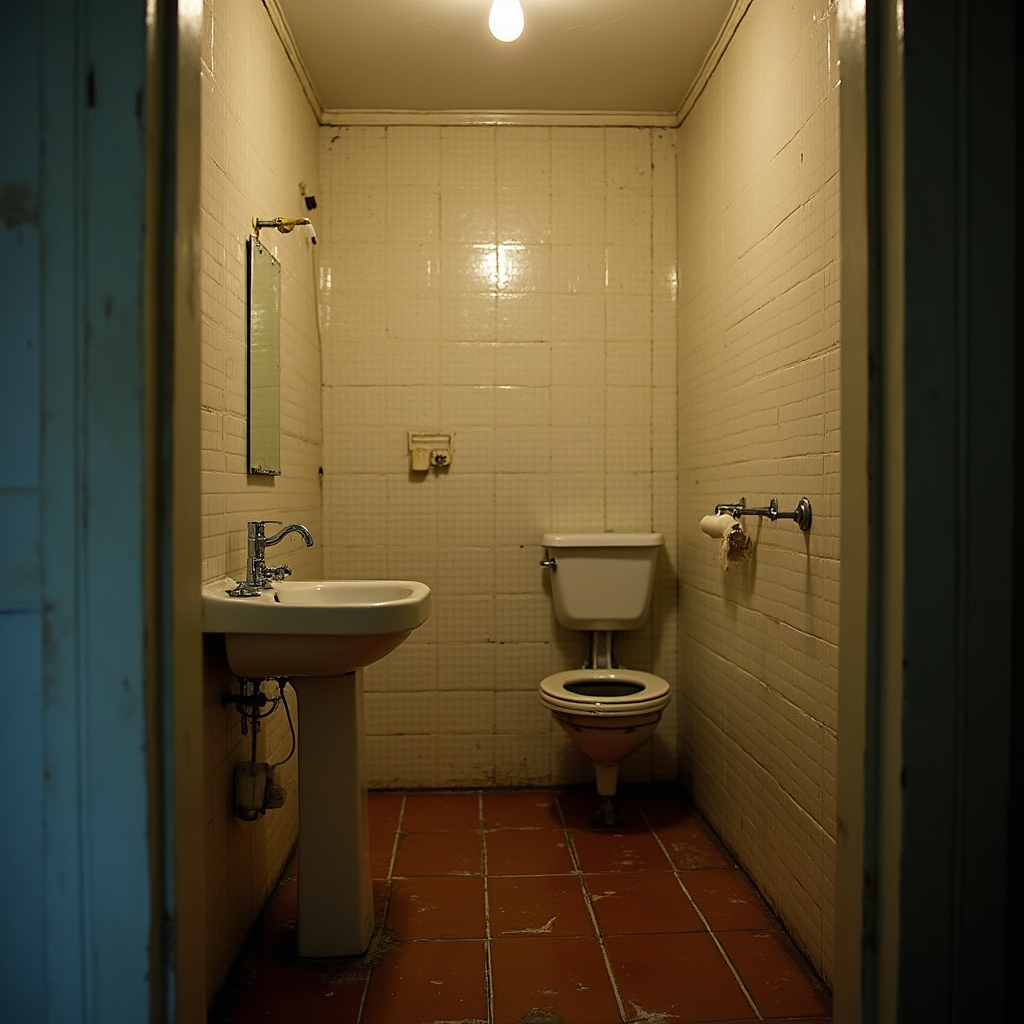 Baie mică înainte de renovare cu plăci vechi și mici